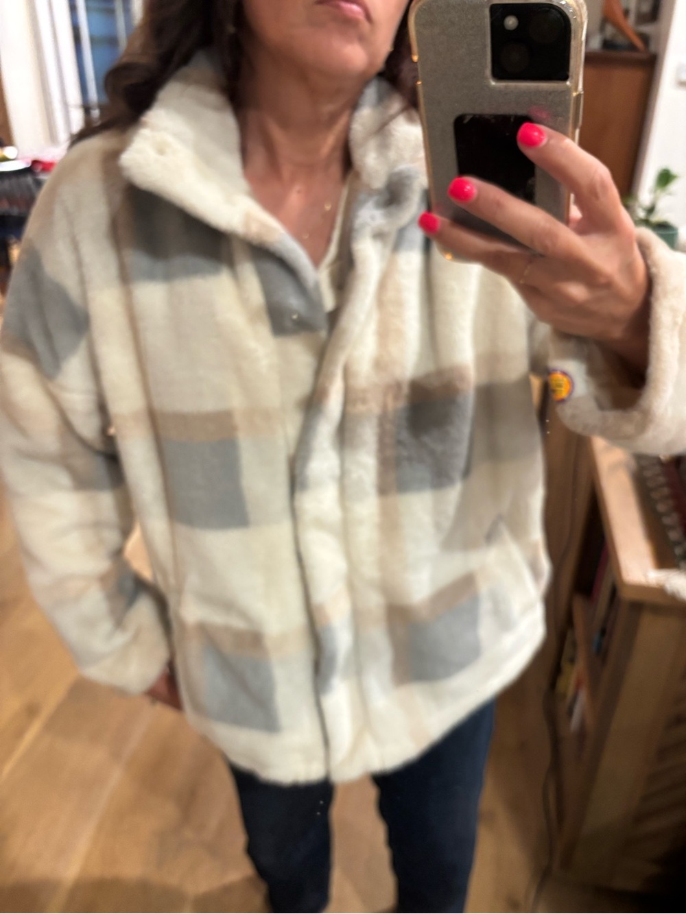 Plaid Faux-Fur Jacket in Cream and Gray